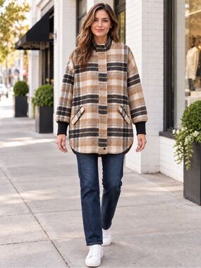 New blue b Yellow Cream Charcoal Gray Plaid Zip Up Comfy Shacket Jacket Coat